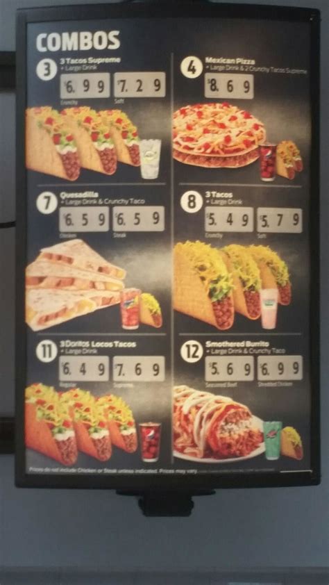 Seasoned Rice, Seasoned Beef, Nacho Cheese Sauce, Fiesta Strips, Three Cheese Blend, Reduced Fat Sour Cream wrapped in a warm tortilla. . Taco bell prices menu